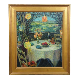Late 20th Century La Table Sous La Tonnelle Under the Arbor Oil Painting After Henri Le Sidaner For Sale