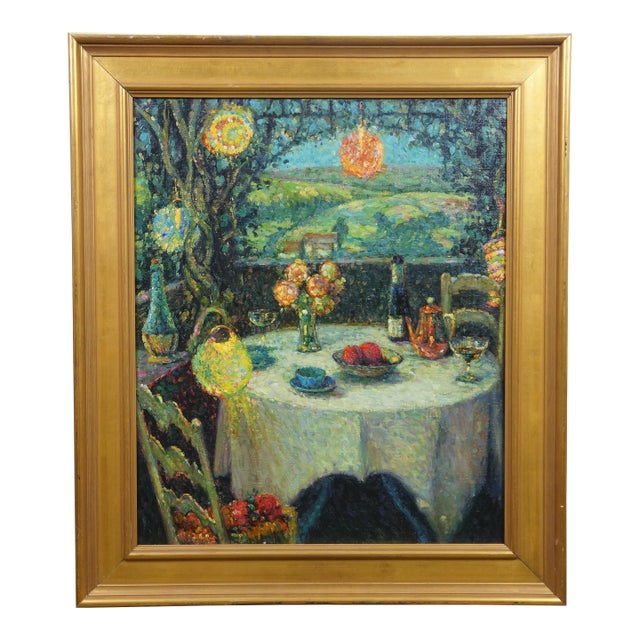 Late 20th Century La Table Sous La Tonnelle Under the Arbor Oil Painting After Henri Le Sidaner For Sale
