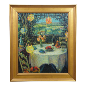Late 20th Century La Table Sous La Tonnelle Under the Arbor Oil Painting After Henri Le Sidaner