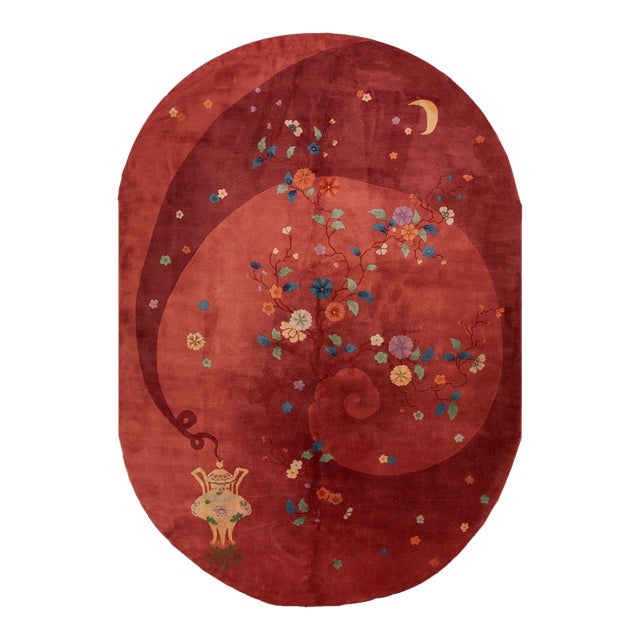Fabuluos Red Background Color With Delicate Floral Design Antique Chinese Art Deco Rug For Sale