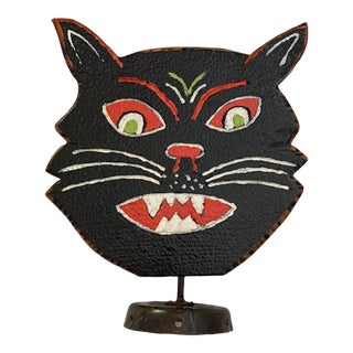 Antique Wood Folk Art Vintage Halloween Cat on Metal Base For Sale