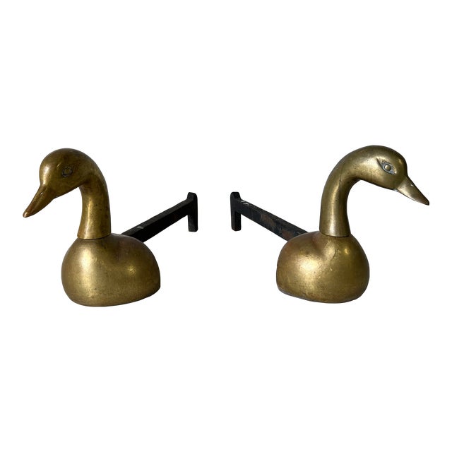 Vintage Heavy Brass Duck Goose Head Andirons Fire Dog Fireplace Chairish