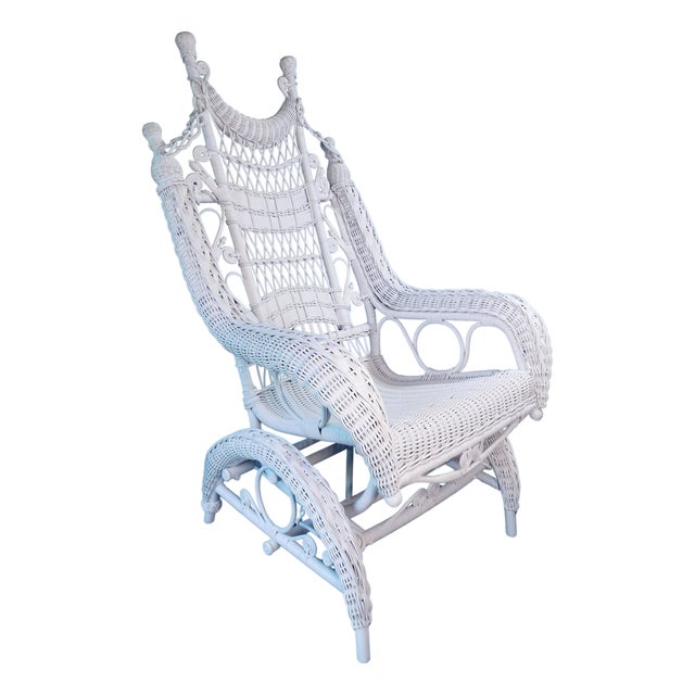 Antique Heywood Wakefield Attributed White Ornate Wicker Platform Rocker / Rocking Chair ~Circa: 1890 - 1915~ For Sale