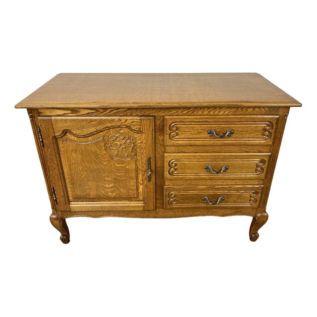 Vintage Louis XIV French Oak Sideboard with Carved Cupboard For Sale