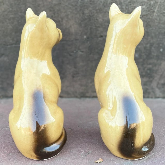 Mid-Century Modern Mid 20th Century Ceramic Siamese Cats With Hand Painted Blue Eyes, Made in Brazil - a Pair For Sale - Image 3 of 13