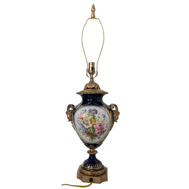 Antique Sevres Style Bronze Ormolu Têtes De Satyres Cobalt Blue Porcelain Table Lamp For Sale In New York - Image 6 of 18