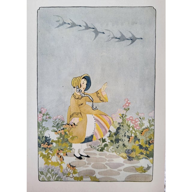 A vintage 1920 art print featuring a young girl in a flower garden with geese flying over. This illustration is by Janet L...