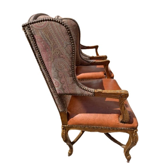 A Pair of Custom Ralph Lauren Wingback Lounge Chairs Upholstered in Leather and Paisley For Sale In New York - Image 6 of 18