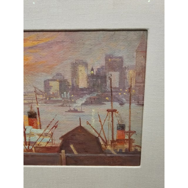 Antique 1930s Lucien Biva New York Brooklyn Skyline Painting For Sale - Image 4 of 6