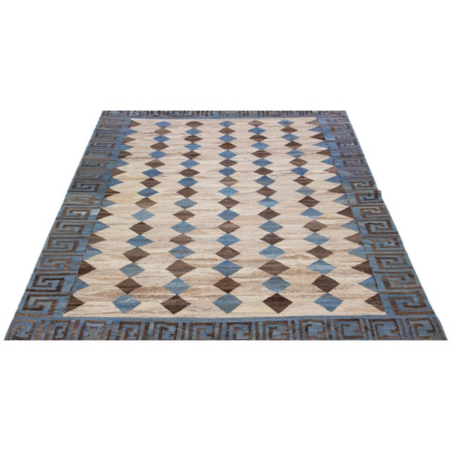 Contemporary 2020s Flatweave Deco Style Kilim Wool Rug With Beige Modern Geometric Design For Sale - Image 3 of 7