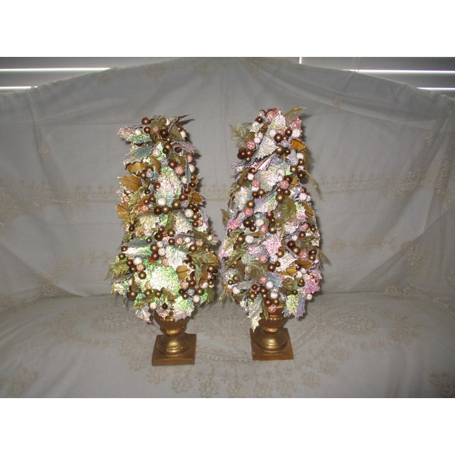 This is a Gorgeous! Pair of Vintage Christmas Holly & Berry Golden Topiary Trees with Accents of Green and light Raspberry...