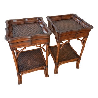 1980s Pair of Faux Bamboo and Rattan Accent Tables For Sale