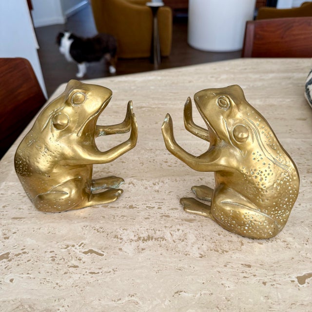 Metal Pair Vintage Brass Andrea by Sadek Frog Bookends Rare Mid Century Design VTG MCM For Sale - Image 7 of 9