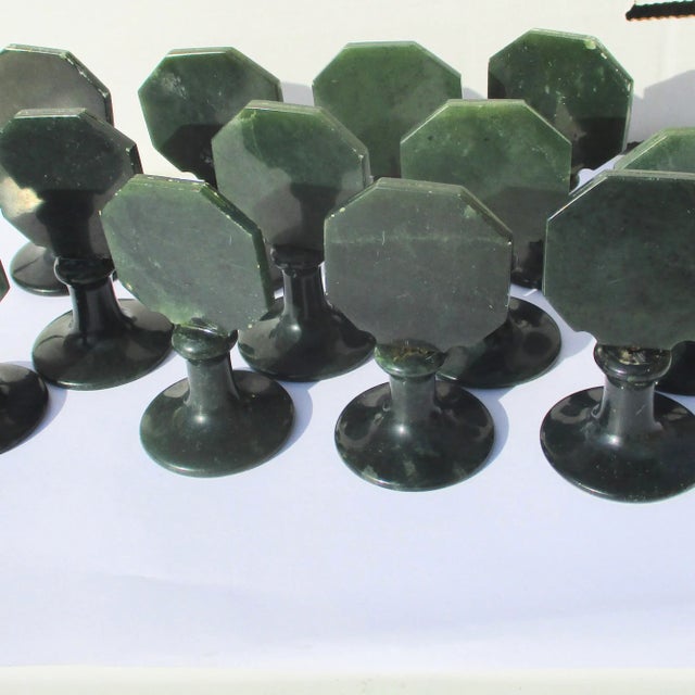 Spinach Jade Cardholders from Hong Kong, vintage 1950s. Classically designed in a turned foot and pedestal topped by an...