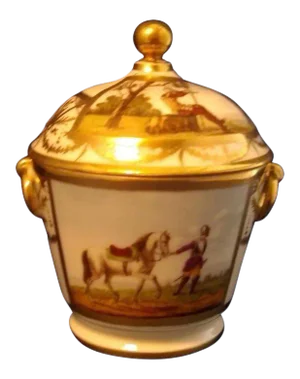 Early 19th Century French Empire Old Paris Porcelain Sucrier Sugar Bowl & Cover Painted with Horses