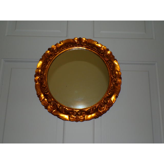 Wood Vintage Italian Florentine Gilded Gesso Round Mirror Fleur De Lis For Sale - Image 7 of 11