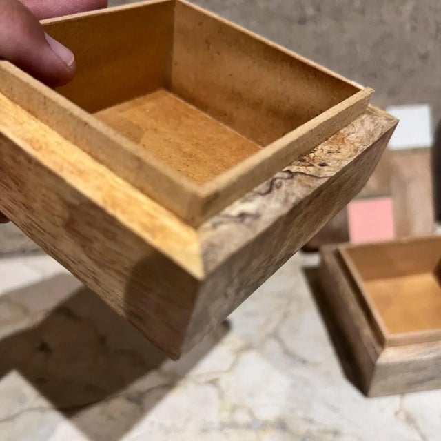 AMBIANIC presents Mod Set Three Geometric Design Trinket Boxes Handcrafted Wood 2 h x 4 x 4 Original vintage Refer to images