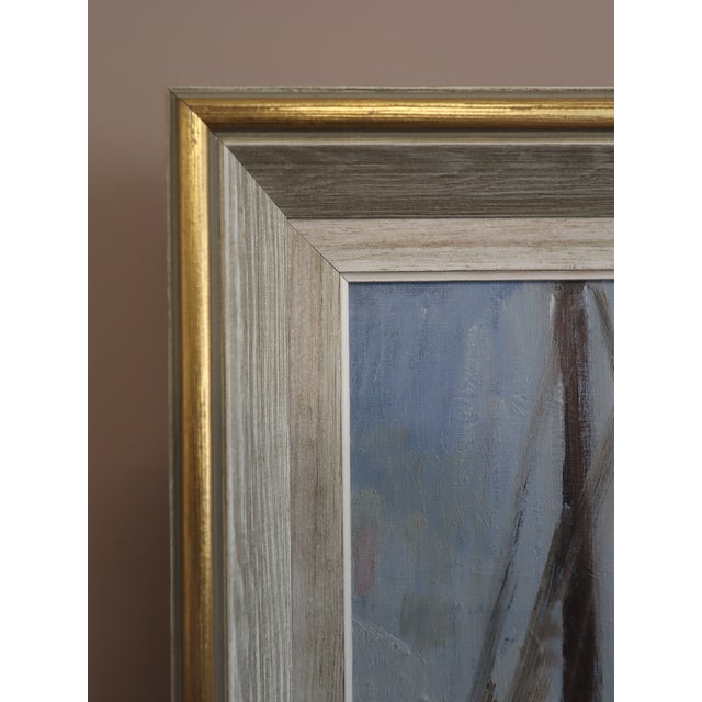 Textile 1953 Mid-Century Modern 'Harbour at Rest' Vintage Original Swedish Expressive Seascape Oil Painting, Framed For Sale - Image 7 of 13