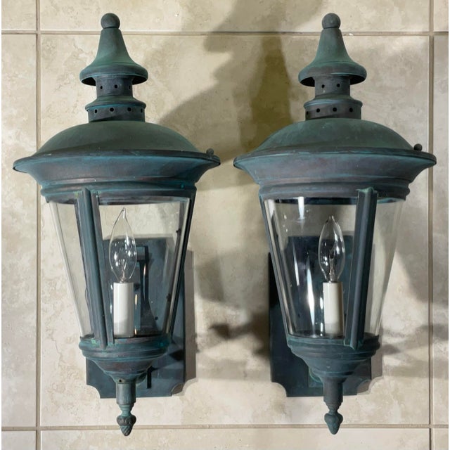 Timeless Elegance: Pair of Antique Verdigris Brass Wall Lanterns For Sale - Image 9 of 12