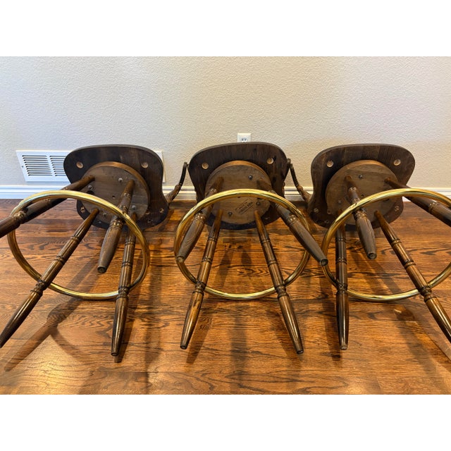 Late 20th Century Vintage Yugoslavian Captain’s Mate Wood Swivel Bar Stools With Brass-Tone Footrests — Set of 3 For Sale - Image 5 of 12
