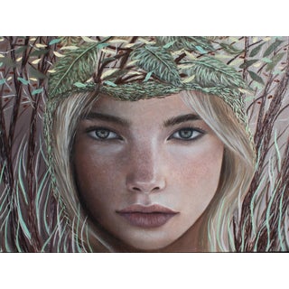 Forest Whisper by Andrada Trapnell | Oil on Board Portrait of a woman with foliage crown For Sale
