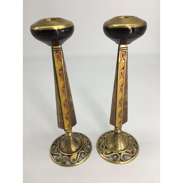Vintage Red & Yellow Shabbat Candle Holders- a Pair For Sale - Image 4 of 6