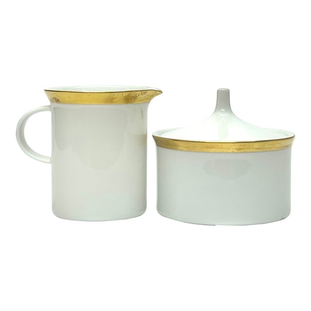 Vintage Mid-Century Modern Rosenthal Kurfürstendamm Gold Embellished Porcelain Creamer and Sugar Bowl Set For Sale