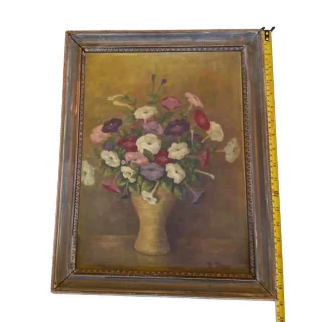Early 20th Century “Petunias Floral Still Life” Oil Painting on Board Artist B Dyer For Sale - Image 10 of 13