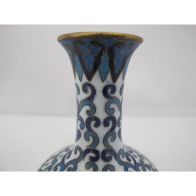 Metal Chinese Turquoise & Cobalt Blue Cloisonne Enamel Flower Brass Small Vase For Sale - Image 7 of 9