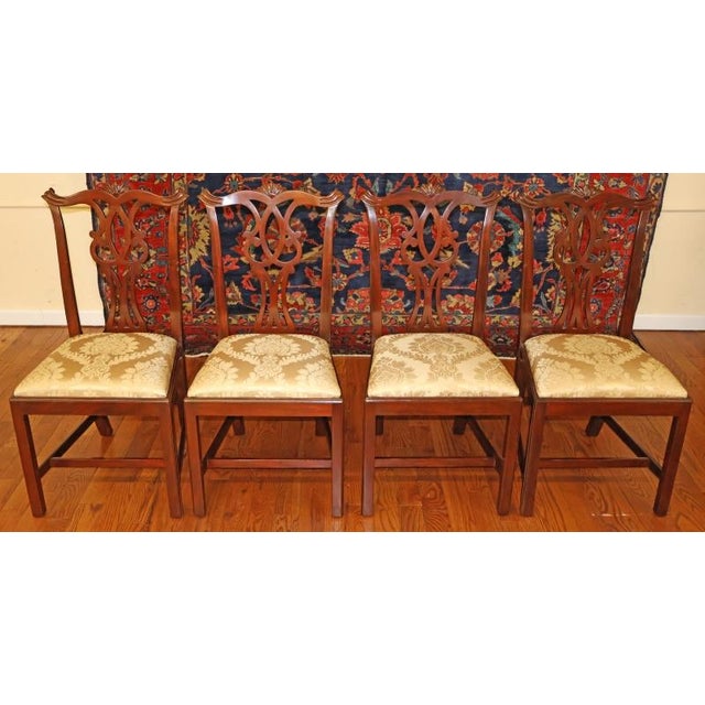 1980s Set of 10 Kittinger Mahogany Chippendale Dining Chairs With Gold Damask Fabric For Sale - Image 15 of 18