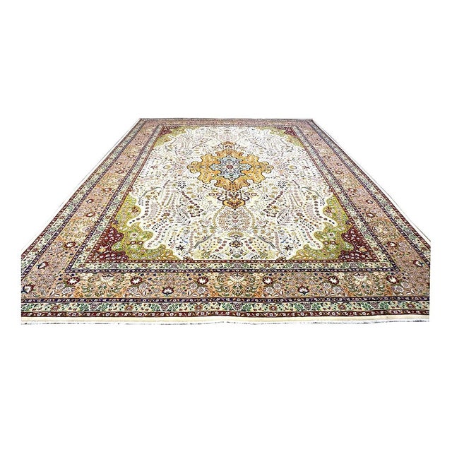 Persian Antique Persian Tabriz Pahlavi Wool 10X13 Ivory, Green, Pink & Taupe Handmade Area Rug #9902869 For Sale - Image 3 of 13