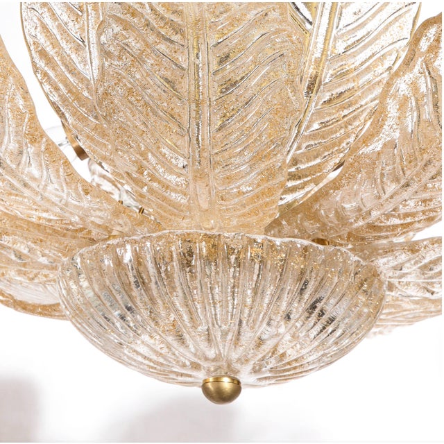 Modernist Handblown Murano Glass Leaf Form Flush Mount With Gold Flecks & Brass For Sale - Image 4 of 6