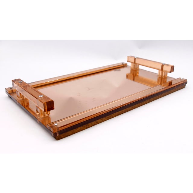 European 1950s Lucite Translucent Orange Mirrored Tray For Sale - Image 4 of 10