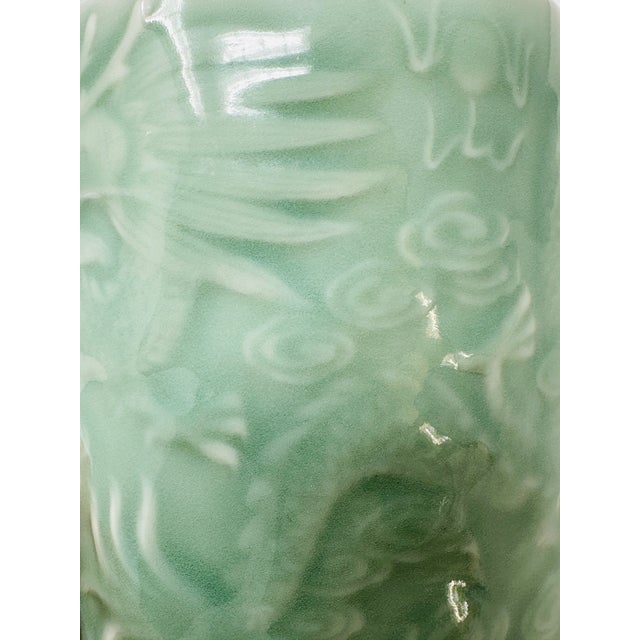 1950s Vintage Japanese Celadon Dragon Brush Pot | Post-War Era Green Porcelain Calligraphy Pen Holder | Hand-Carved Mythical Motif | Excellent Condition For Sale - Image 5 of 9
