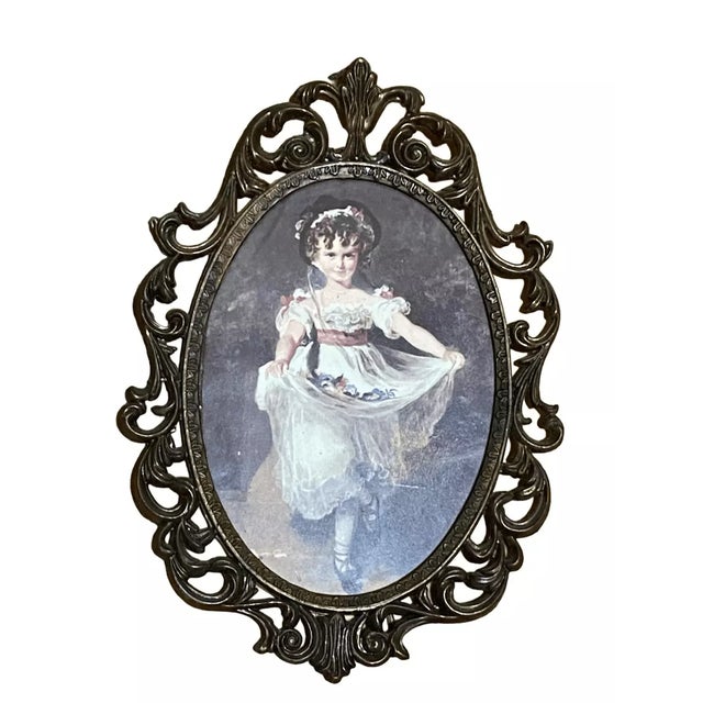Early 21st Century Wall Art Oval Ornate Framed Metal Victorian Picture Girl Boy Florentia Italy Vtg For Sale - Image 5 of 6
