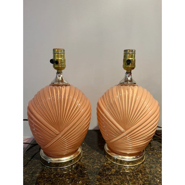 Ceramic 1980 Art Deco Shell Style Peach Table Lamps- a Pair For Sale - Image 7 of 7