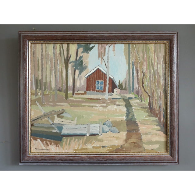COTTAGE BEYOND THE TREES Size: 15.8 x 18.9 inches (including frame) Oil on canvas A serene mid-century modernist style...