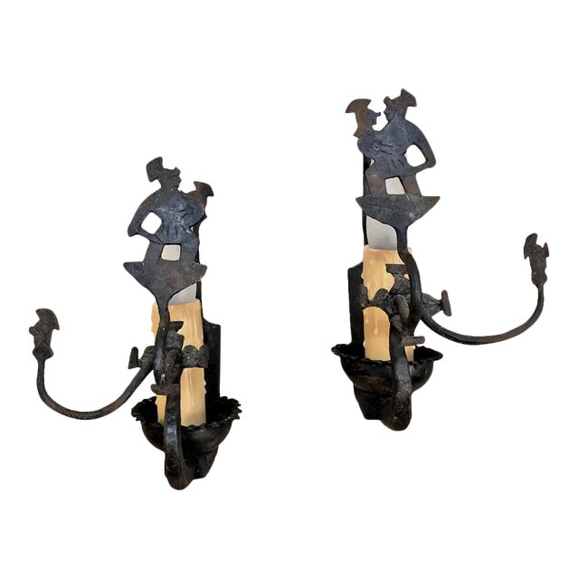 Antique Rustic Wrought Iron Wall Sconces - a Pair For Sale
