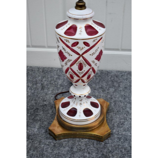 Traditional Cranberry Glass and Brass Lamp Vintage Table Bohemian Czech Hand Painted For Sale - Image 3 of 18