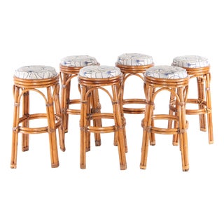 Rattan Stools with Seat Cushions, 1970s, Set of 6 For Sale