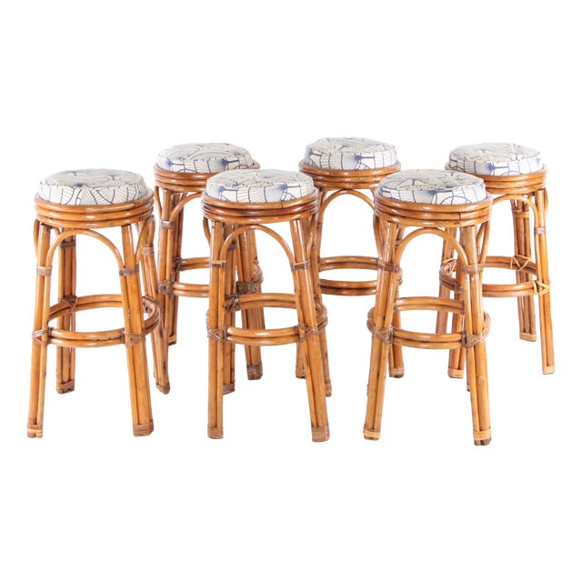 Rattan Stools with Seat Cushions, 1970s, Set of 6 For Sale