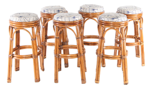 Rattan Stools with Seat Cushions, 1970s, Set of 6