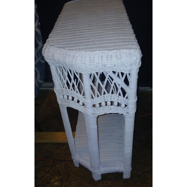 Traditional Vintage Boho Chic Coastal White Wicker Console Table With Lattice & Bead Detail For Sale - Image 3 of 10