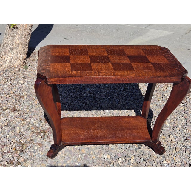 Antique French Art Deco Side Table Parquet Top Oak For Sale - Image 4 of 7