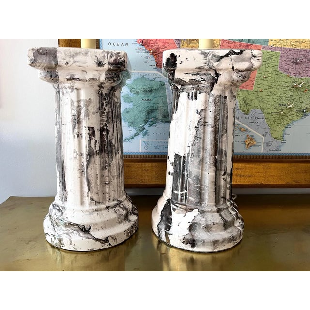 Dickinson 1970s Marbled Column Lamps & Shades - A Pair For Sale - Image 4 of 15