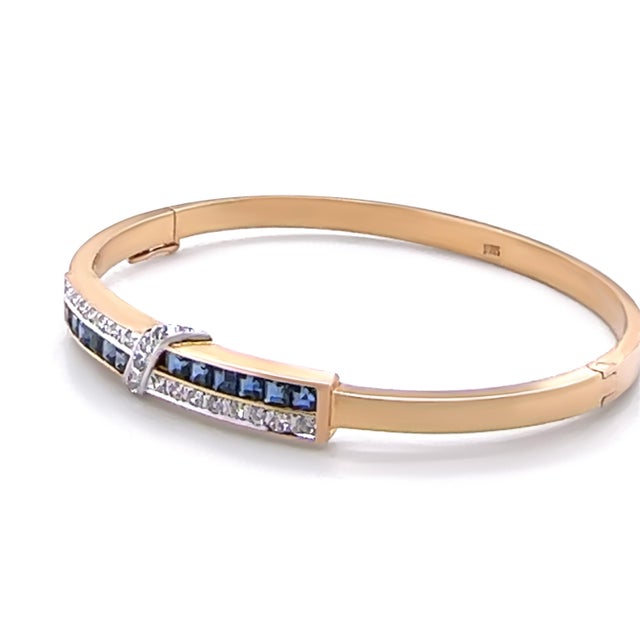14ct Yellow and White Gold Sapphire and Diamond Hinged Bracelet 0.38ct 16g For Sale - Image 4 of 8