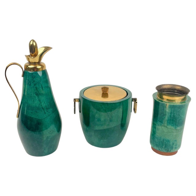 Green Goatskin & Brass Barware Set attributed to Aldo Tura for Macabo, Italy, 1960s, Set of 3 For Sale - Image 13 of 13