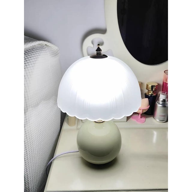 2020s Soft White Petal Pattern Milk-Yellow Sphere Ceramic Table Lamp For Sale - Image 5 of 6