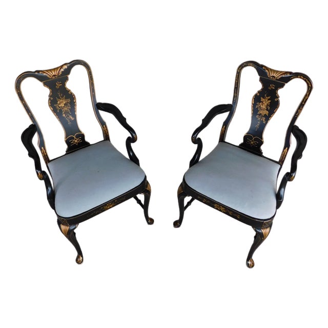 Vintage Georgian Style Chinoiserie Decorated Black Lacquer Arm Chairs - A Pair For Sale