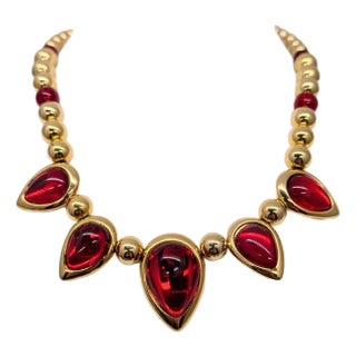 Vintage Signed Napier Book Piece Goldtone Faux-Ruby Necklace, 1988 For Sale